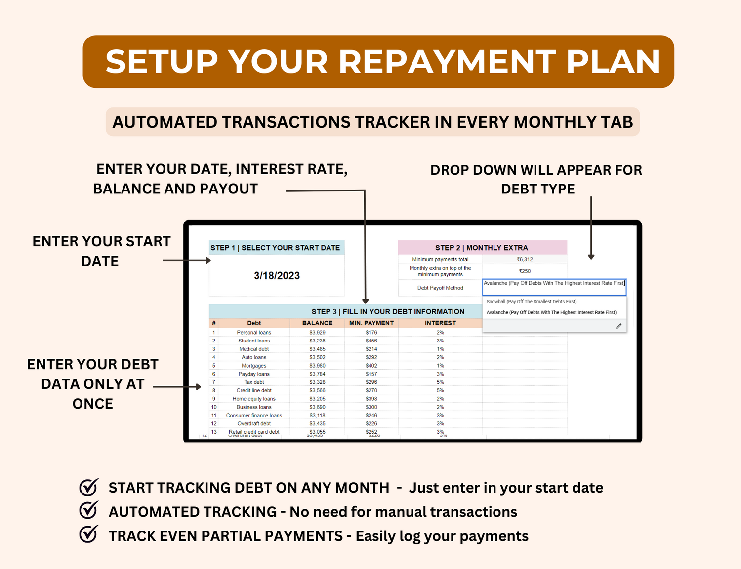 PLR Resell DEBT PAYMENT TRACKER WITH SNOWBALL AND AVALANCHE METHOD