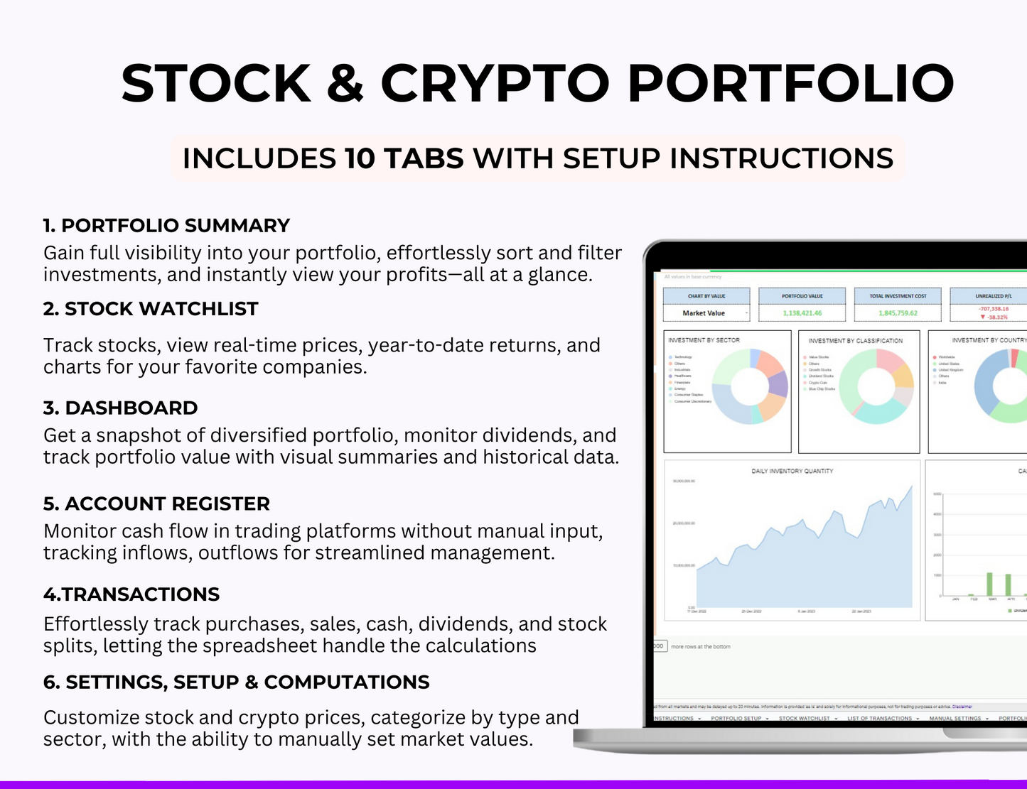 Dividend Tracker ,Stock Portfolio Spreadsheet ,Stock Watchlist ,Investment Tracker, Stock Tracker Investment Dashboard ,Trading Journal