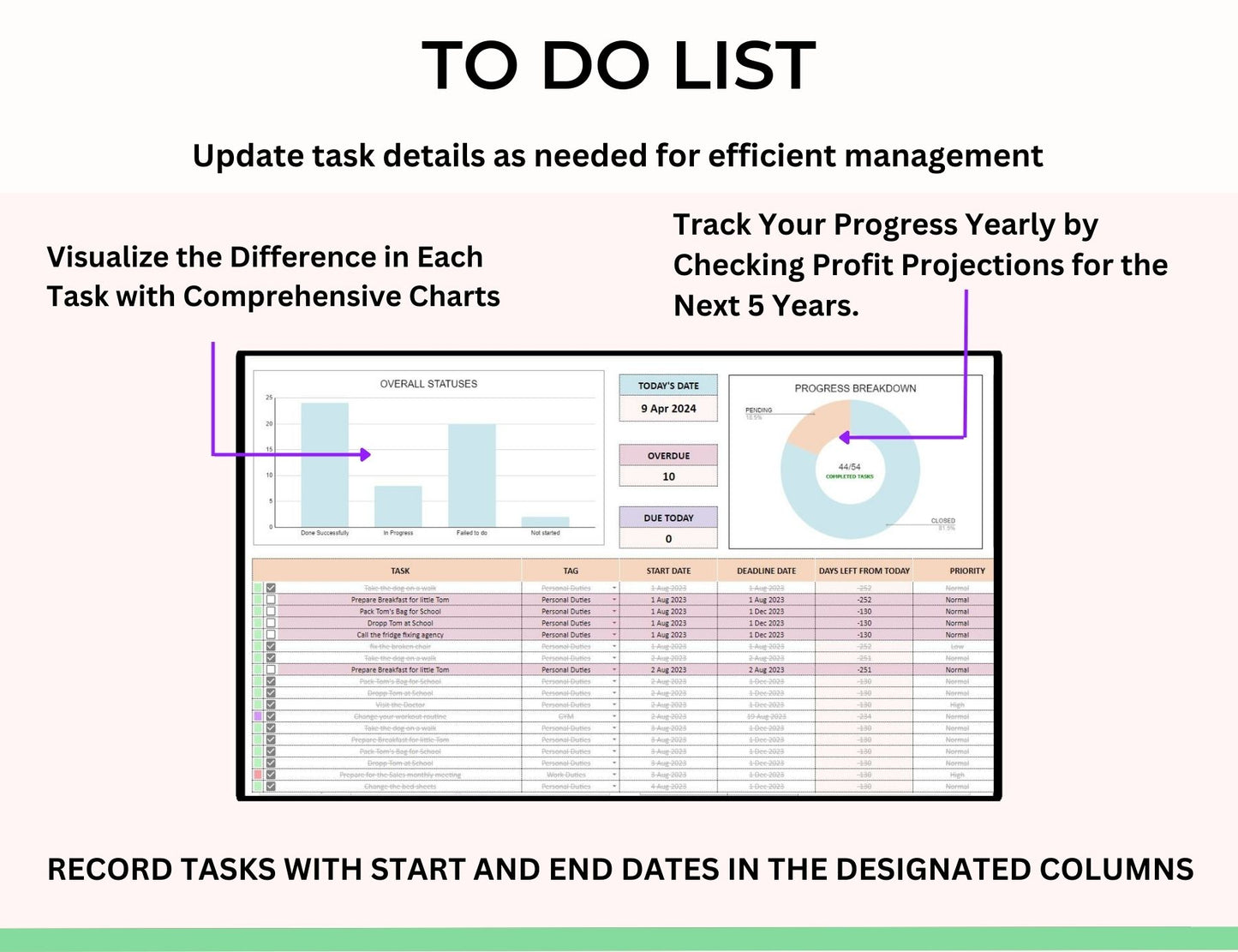 Task Tracker and To do List Spreadsheet in Excel & Google sheets