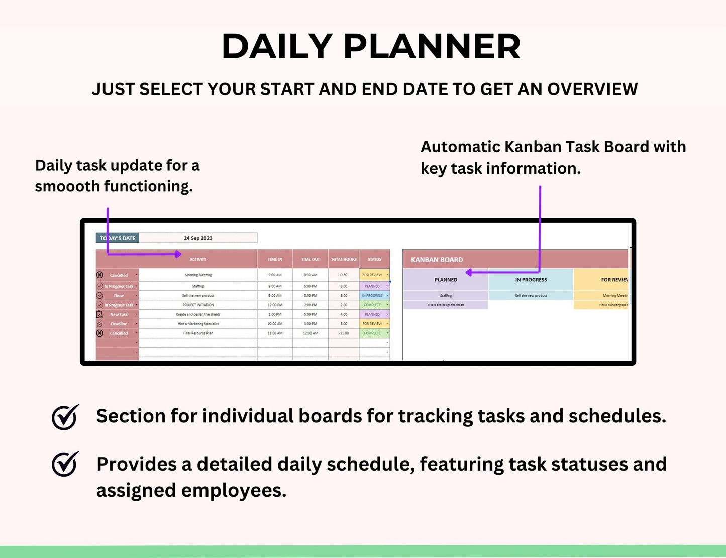 Project Management Spreadsheet Template with Kanban Board