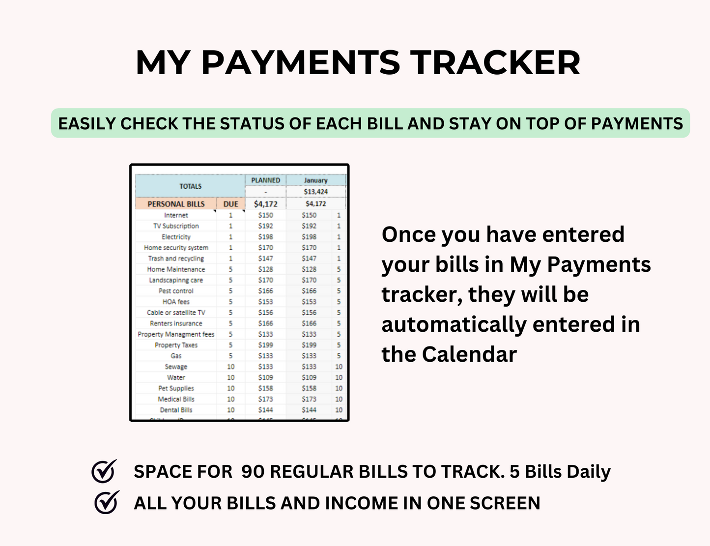 Bills Checklist, bills, Bill Planner, Bill Payment Calendar, bill pay tracker, bill organizer, bill checklist, Bill calendar, Automated Monthly Bill Tracker