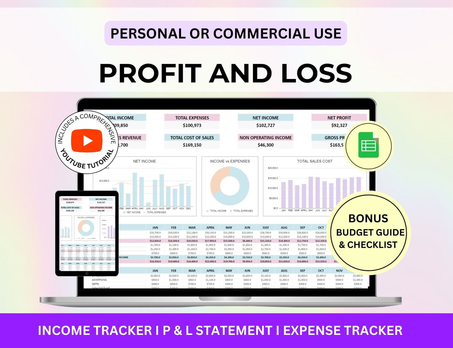 Profit and Loss Statement Spreadsheet with MRR Rights