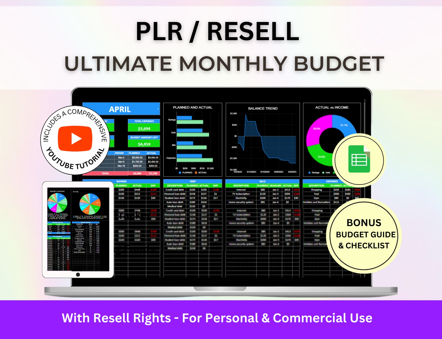 resell spreadsheet, resell google sheets, plr worksheet, PLR spreadsheets, plr sheet, PLR Resell Monthly budget,
