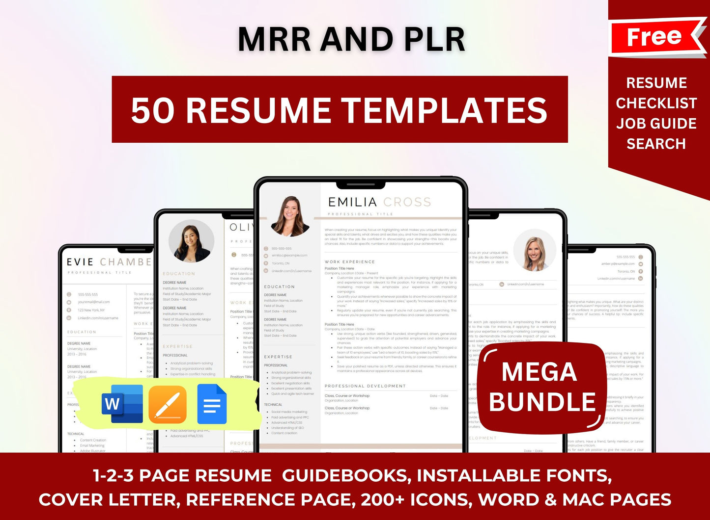 50 Resume Templates, ATS Resume, Minimalist Resume, ATS CV Resume Template Word, Pages, Google Docs, Simple Resume, Basic Resume