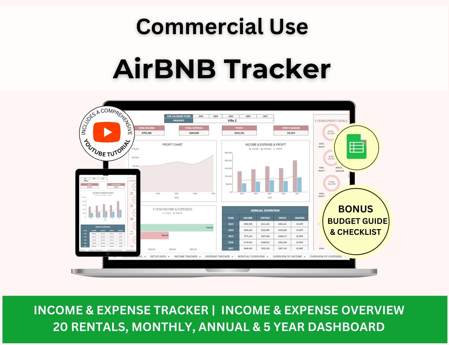 AirBNB Rental Income and Expense Spreadsheet with MRR Rights