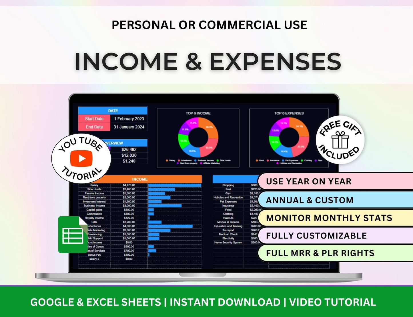 Dark Mode Spreadsheet Budget Planner, Master Resell Rights, PLR Google Sheets