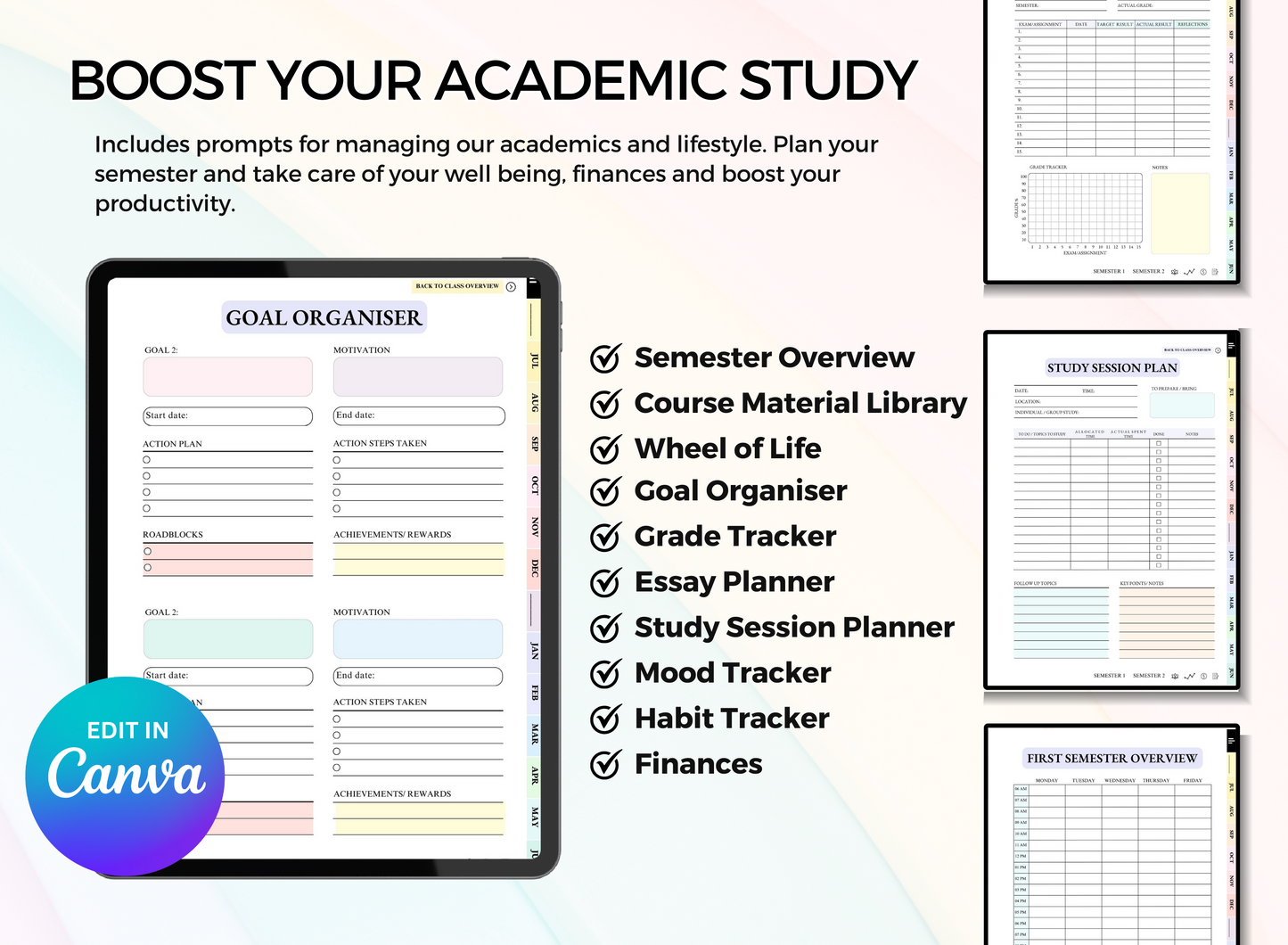 PLR PRINTABLES STUDENT PLANNER - Editable Canva 50 Pages