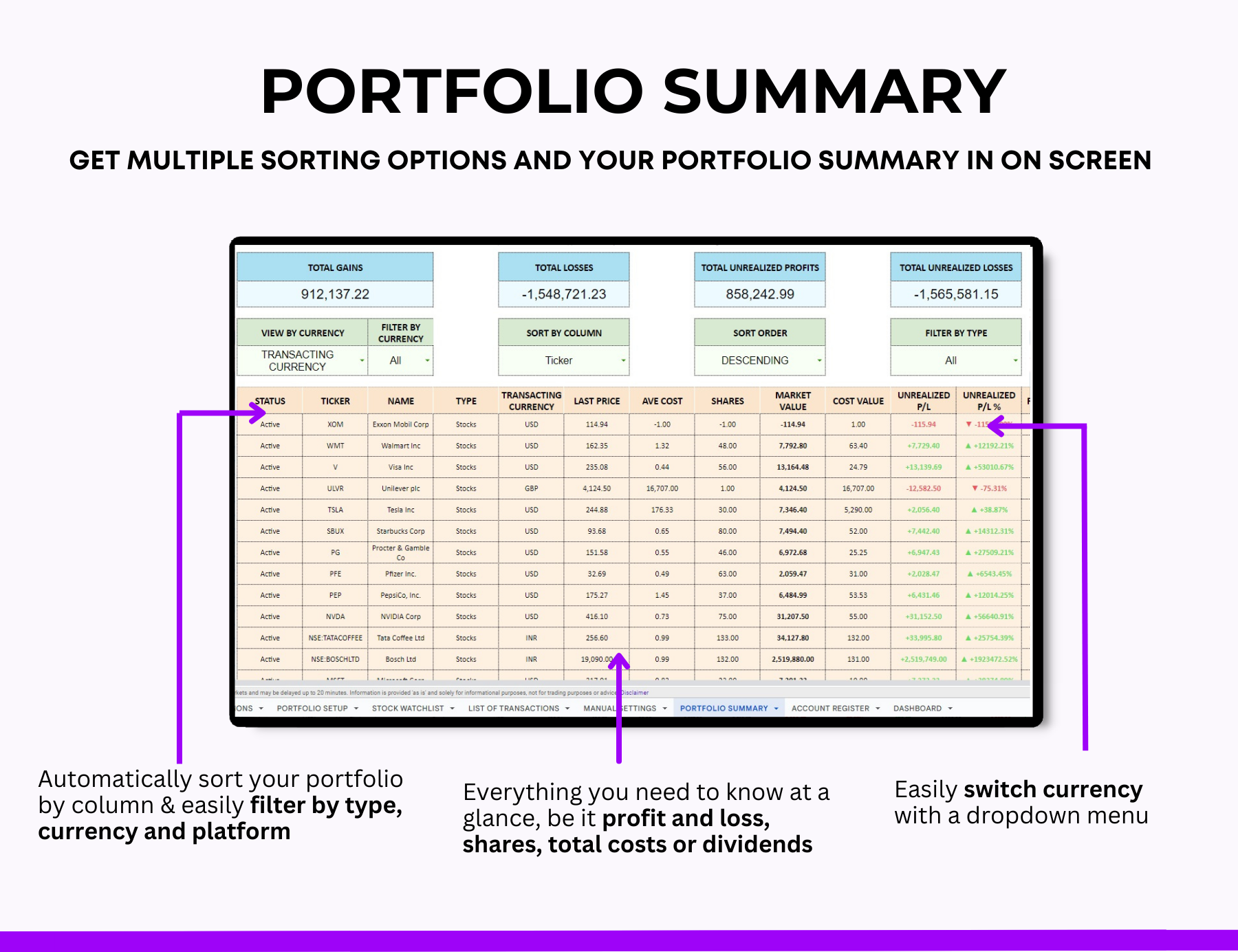 Dividend Tracker ,Stock Portfolio Spreadsheet ,Stock Watchlist ,Investment Tracker, Stock Tracker Investment Dashboard ,Trading Journal