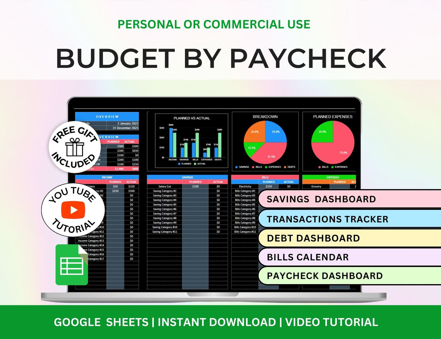 Dark Mode Spreadsheet Budget Planner, Master Resell Rights, PLR Google Sheets