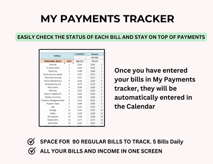 Bills Checklist, bills, Bill Planner, Bill Payment Calendar, bill pay tracker, bill organizer, bill checklist, Bill calendar, Automated Monthly Bill Tracker