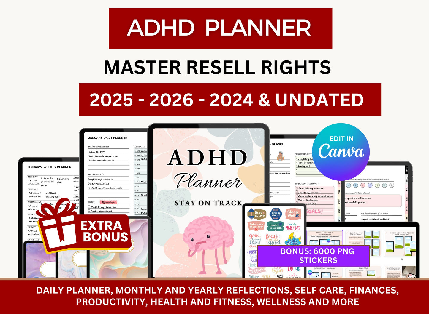 ADHD 2025 2026 & Undated Neurodivergent Hyperlinked Planner with MRR Rights