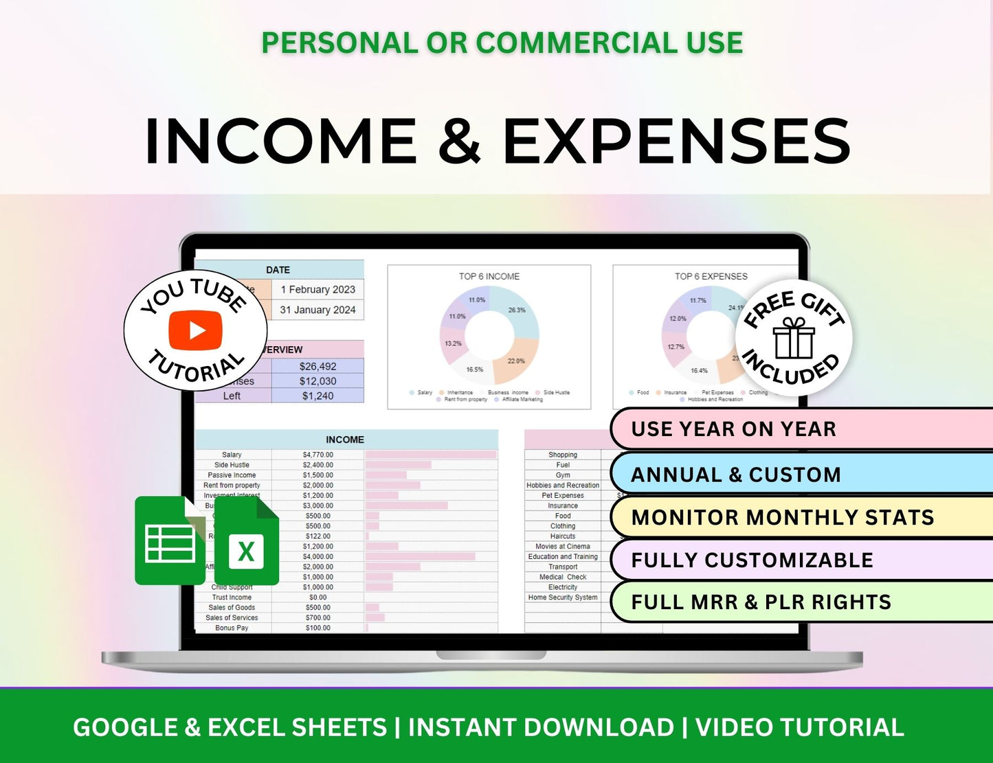 Income and Expense Tracker in Excel and Google Sheets